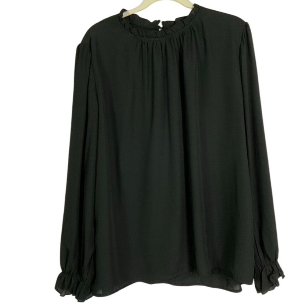 Ama Zon Top, Ruffle Neck & Cuffs, Black, Poly/Spandex, Size 2 Xl, Lined
